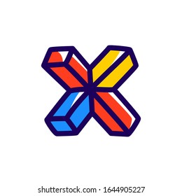 X letter impossible shape logo. Vector handwritten isometric font for childish labels, illusion company, birthday posters etc.