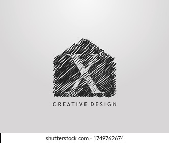 X Letter Logo. Abstract hand drawn house line stroke shape with negative space of letter X. Modern, minimalist and retro concept design. 