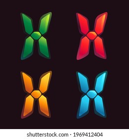 X letter logo in alarm clock style. Digital font in four color schemes for futuristic company identity, nightlife magazine, expressive posters.