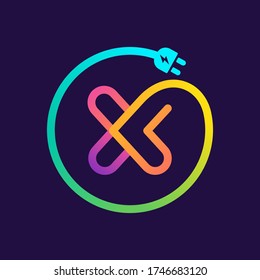 Logotipo de letra X en círculo con cable adaptador de enchufe. Imposible un estilo de una línea. Icono de alambre perfecto para etiquetas tecnológicas, afiches de carga, empresa eléctrica, etc.