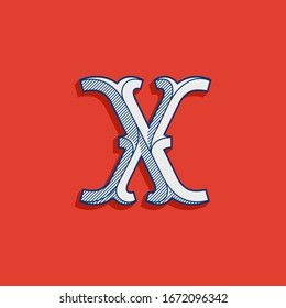 X letter logo in classic sport team style. Vintage slab serif font with lines shadow. Perfect for victorian identity, luxury package, retro book, western diploma, etc.