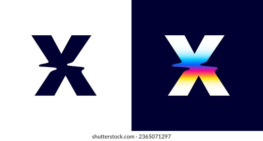 X letter logo with color glitch. Neon double exposure style. Multicolor gradient sign with hologram and illusion effect. Glowing color shift vector icon for nightlife labels, game screens, vibrant adv