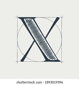 X letter logo with construction grid lines. Vector vintage serif character perfect to use in any architecture labels, boutique posters, luxury identity, etc.