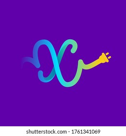 X letter logo with curl cable and plug adapter. Vector typeface for energy labels, wire headlines, power posters, electric company identity, etc.