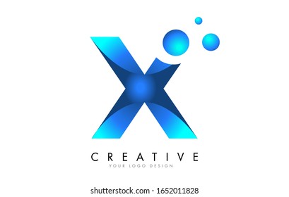 X Letter Logo Design with 3D and Ribbon Effect and Dots. Colorful rounded Letter with Blue Gradient.