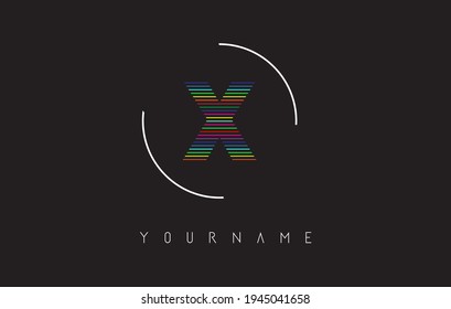 X Letter logo design with bright and bold rainbow lines and rounded frame. Creative vector illustration with letter X.