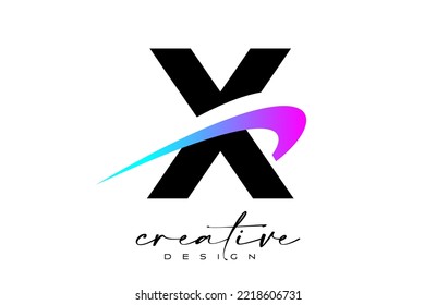 Diseño con logotipo de carta X con creativo esparadrapo azul púrpura. Letra x icono inicial con ilustración de vector de forma curva.