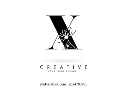 Diseño del logotipo de letra X con ilustración vectorial de flores elegantes y abstractas. Icono creativo con letra X.