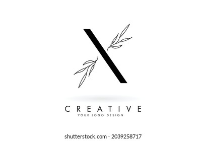 X letter logo design with elegant and slim leaves vector illustration. Creative icon with letter X.