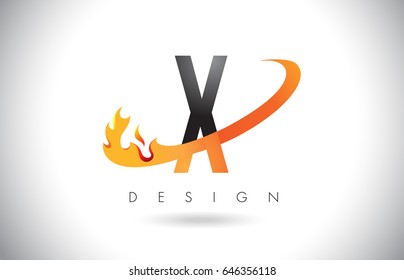 X Letter Logo Design with Fire Flames and Orange Swoosh Vector Illustration.