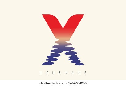X Letter Logo Design with Water Effect and Sunset Gradient Vector Illustration.