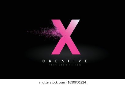 Logotipo de letra X con efecto de dispersión y partículas en polvo rosadas moradas expandiendo la ilustración del vector Ash.