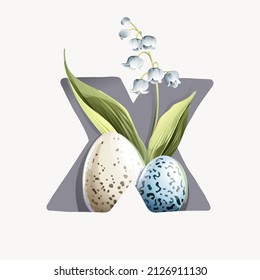 X letter logo with Easter eggs in a natural pattern, lily of the valley leaves, and snowdrop flowers. Perfect for greetings cards, spring birthdays posters, and kindergarten interior design.