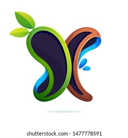 X letter logo ecology stylized with green leaves and dew drops. Font style, vector design template elements for your eco friendly or organic label. 