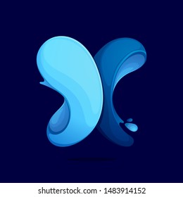 X letter logo ecology stylized with water waves and dew drops. Font style, vector design template elements for your eco friendly or organic label. 