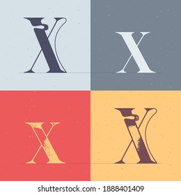X letter logo with elegant line decoration. Four style serif font set. Vector vintage icon perfect to use in any alcohol labels, glamour posters, luxury identity, etc.