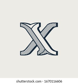 X letter logo in elegant style with diagonal hatching and shadow effect. Vector serif font for barber shop labels, currency posters and bank identity.