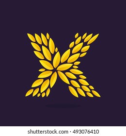 X letter logo formed by gold leaves. Vintage award laurel wreath. Vector triumph and success elements for banner, presentation, web page, card, labels or posters.