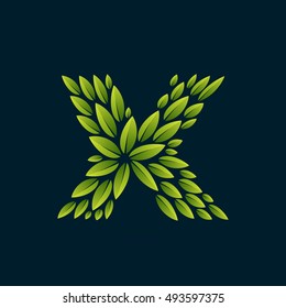X letter logo formed by fresh green leaves. Vector ecology elements for banner, presentation, card, labels or posters.