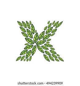 X letter logo formed by vintage pattern, line green leaves. Vector ecology elements for banner, presentation, card, labels or posters.