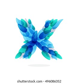 X letter logo formed by blue water splashes. Droplet pattern. Vector ecology elements for posters, t-shirts and cards.