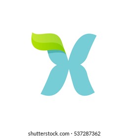 X letter logo with green leaf. Vector script font for your ecology posters, t-shirts, presentation or card.