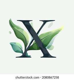 X letter logo with green leaves in clear vector watercolor style. Serif sans font for luxury emblem, botanical identity, ecology projects, wedding invitations.