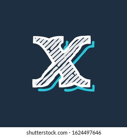 X letter logo hand drawn in victorian style with hatching and line shadow. Vector serif font for barber shop labels, education posters and identity decoration.