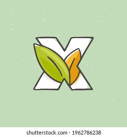Logotipo de letra X dibujado a mano con una pluma de punta de fieltro en colores suaves. Ilustración vectorial de estilo de línea con hojas verdes para sus próximos proyectos ecológicos y de basura cero. 