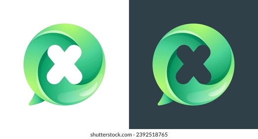 X letter logo inside speech bubble with swirl pattern. Negative space style icon. Colorful gradient emblem for your social media app, call center, online message, feedback icon, telemarketing screen.