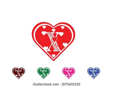 X letter logo with love icon, valentines day design template