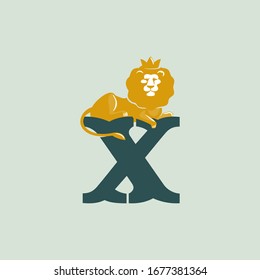 X letter logo with lying lion. Vector serif font perfect for premium labels, vintage posters and real estate identity, etc.