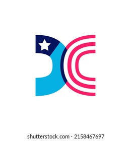 X letter logo made of American Stars and Stripes flag. Vector font for US history and 4th of July celebration in flat style. Perfect for Independence Day cards, invitations, banners.