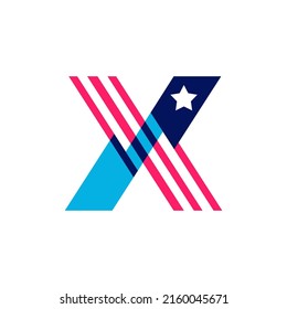 X letter logo made of American Stars and Stripes flag. Vector font for US history and 4th of July celebration in flat style. Perfect for Independence Day cards, invitations, banners.