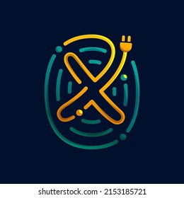 X letter logo made of fingerprint with plug. Colorful cable icon with vivid gradients and lines. Perfect for energy design, accessories advertising, gadget packaging, electric identity.