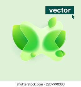 X letter logo made of green leaves under mate glass. Realistic Glassmorphism style. Vector blurry translucent icon. Eco transparent emblem for agriculture advertising, waste recycling, healthy food.