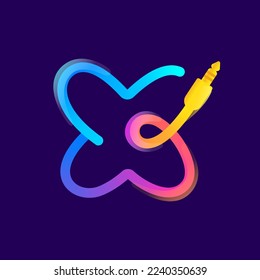 X letter logo made of vivid gradient line wire with mini jack icon and rainbow shine. Overlapping multicolor emblem. Ideal for music app, audio design, DJ identity, technology advertising.