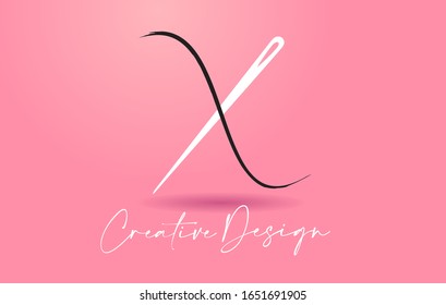 X Letter Logo with Needle and Thread Creative Design Concept Vector Illustration.