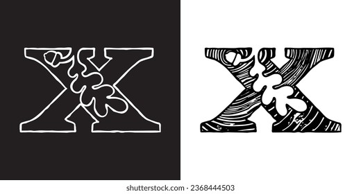 Logo de la letra X con hoja de roble y bellota. Sección transversal de árbol. Textura de madera natural, patrón de anillo. Se cortó la sierra de maletero. Emblema espacial negativo. Icono vectorial para la identidad ecológica, escudo de armas universitario, adv vintage.