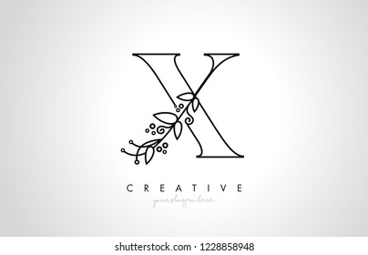 X Letter Logo With Organic Monogram Plant Leafs Detail and Circle Design. Creative Letter Icon Logo.