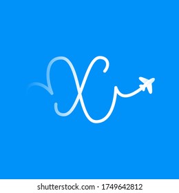X letter logo with plane and airline. Vector typeface for travel labels, tourism headlines, journey posters, aviation cards etc.