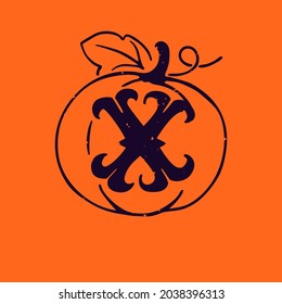 X letter logo in pumpkin with grunge texture. Gothic style font with curved serif. Perfect for your Halloween design.