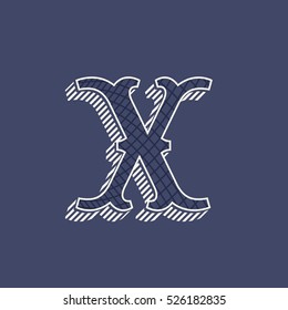 X letter logo in retro money style with line pattern and shadow. Slab serif type. Vintage vector font for labels and posters.