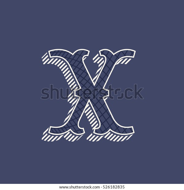 X\
letter logo in retro money style with line pattern and shadow. Slab\
serif type. Vintage vector font for labels and\
posters.