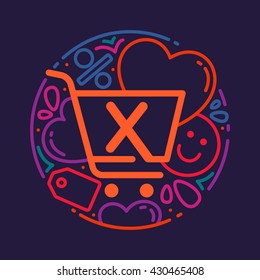 X letter logo with shopping cart icon, hearts and smile. Vector design element for card, corporate identity, label or poster.