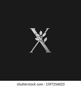 X Letter Logo Silver Classy Vintage  Nature Floral Branch Silhouettes Vector Design Initial Concept.
