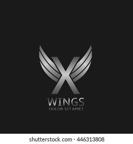 X letter logo. Silver wings symbol. Silver X letter logo template for air company