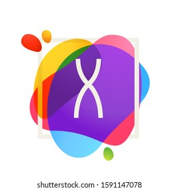 X letter logo in square frame at watercolor splash background. Color overlay style. Vector typeface for labels, headlines, posters, cards etc.
