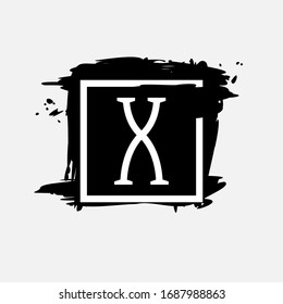 X letter logo in square frame at ink dry brush strokes with rough edges. Vector serif font perfect for premium labels, vintage posters and modern identity, etc.