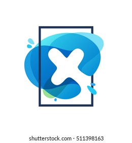 X letter logo in square frame at blue watercolor splash background. Vector ecology typography for your posters, invitations, cards. 